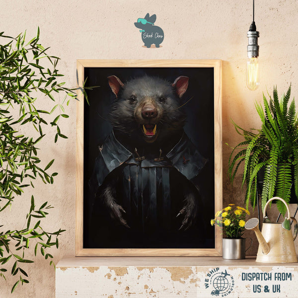 Wombat Wall Art, Vintage Gothic Design, Unique Marsupial Theme, Aesthetic Nature Decor, Wildlife Portrait