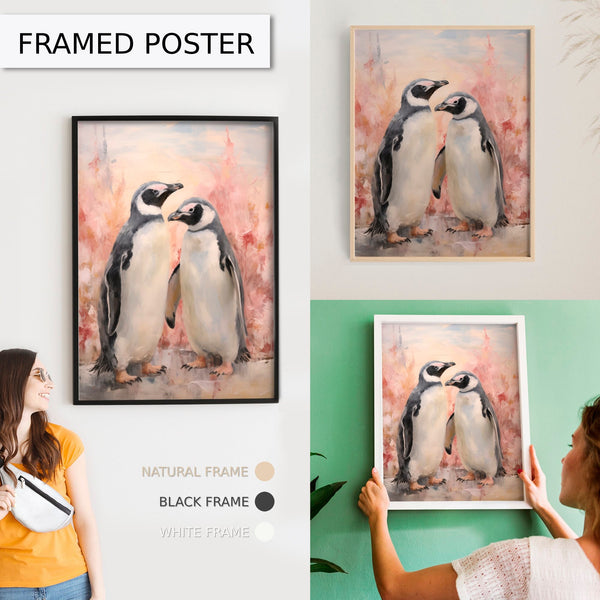 Penguin Couple Canvas Print, Romantic Wall Art, Colorful Home Decor, Large Animal Painting, Nature Inspired, Gift Idea, Living Room Art