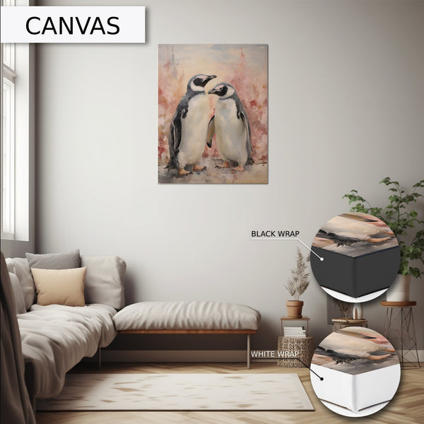 Penguin Couple Canvas Print, Romantic Wall Art, Colorful Home Decor, Large Animal Painting, Nature Inspired, Gift Idea, Living Room Art