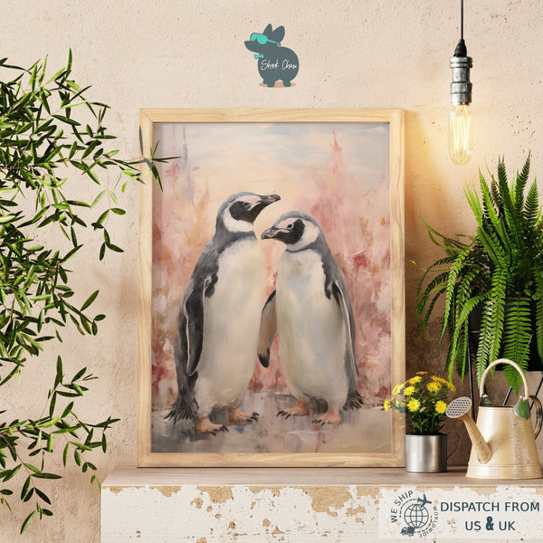 Penguin Couple Canvas Print, Romantic Wall Art, Colorful Home Decor, Large Animal Painting, Nature Inspired, Gift Idea, Living Room Art