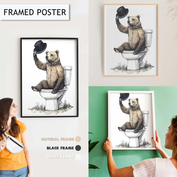 Funny Bear Toilet Art, Quirky Bathroom Wall Art, Rustic Animal Print, Farmhouse Bathroom Decor, Unique Bear Wall Art, Vintage Bathroom Print