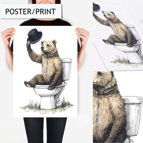 Funny Bear Toilet Art, Quirky Bathroom Wall Art, Rustic Animal Print, Farmhouse Bathroom Decor, Unique Bear Wall Art, Vintage Bathroom Print