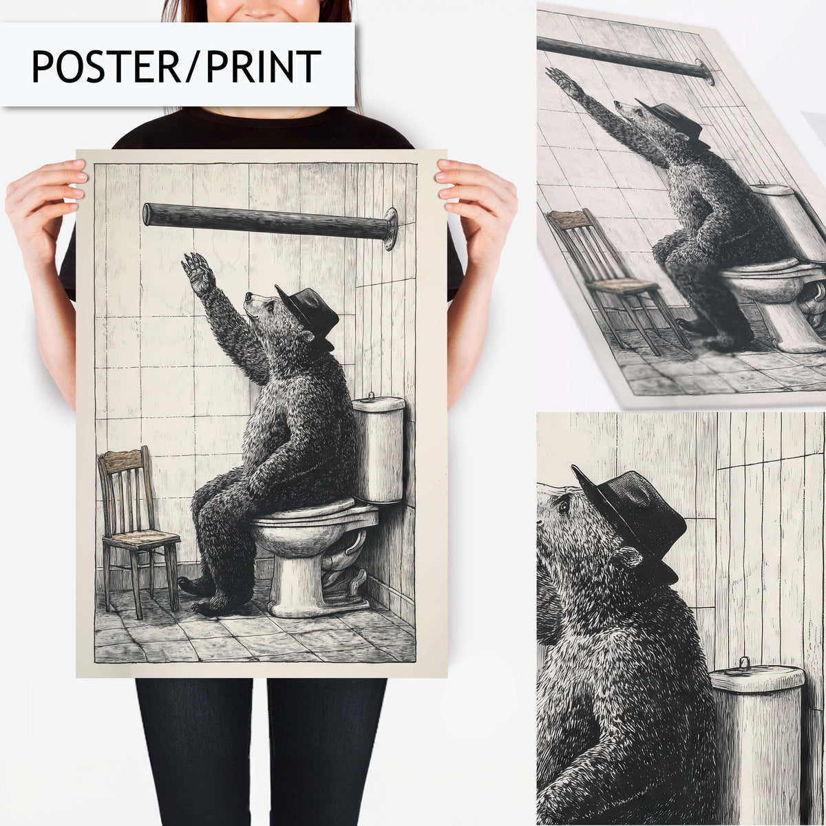 Funny Bear Bathroom Wall Art, Animal Toilet Art, Bear in Bathroom Decor, Humorous Wall Art for Toilet, Black and White Bear for Bathroom