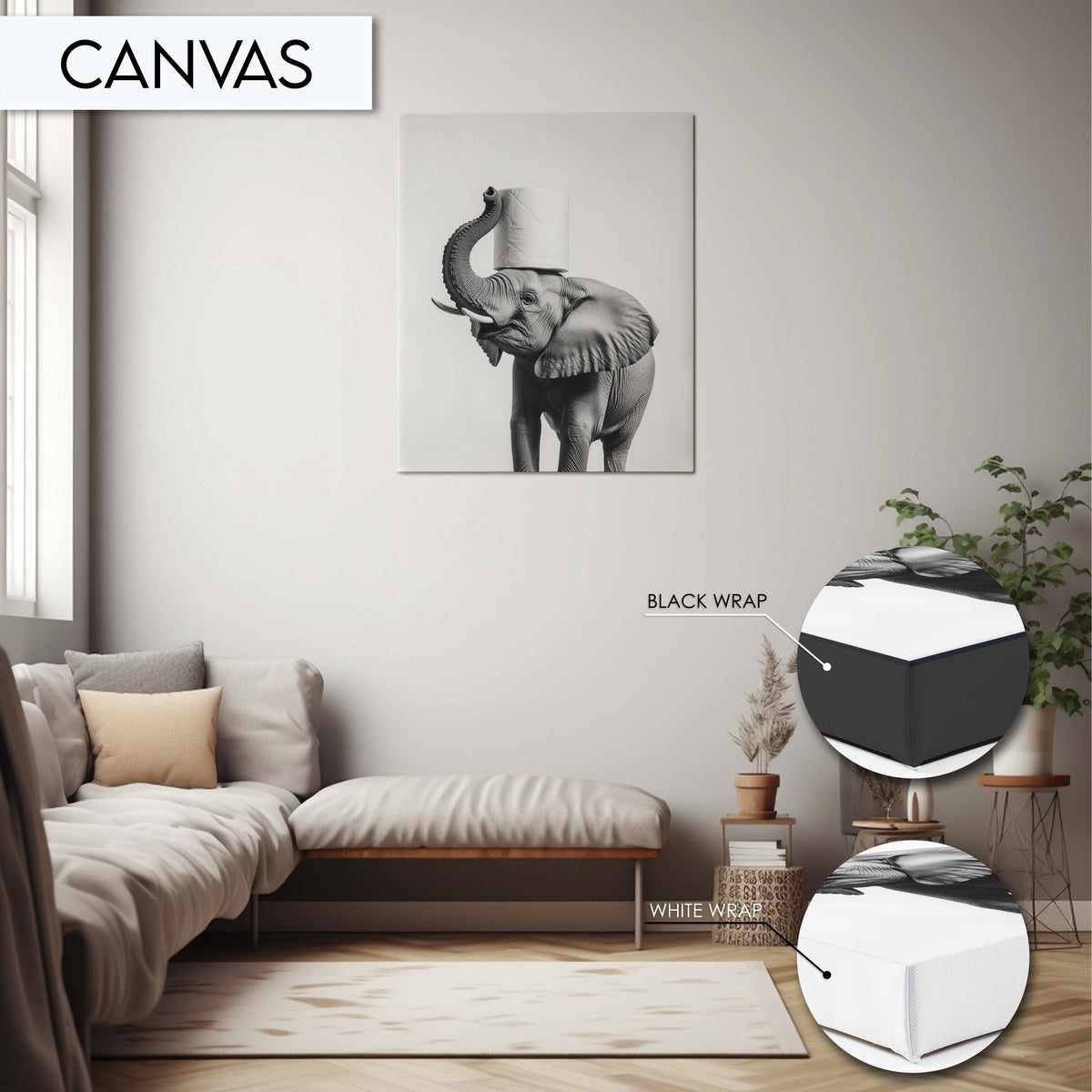 Funny Elephant Bathroom Artwork Print Wall Art Decor for Toilet Print, Elephant with Toilet Paper Art Print, Black and White Animal Wall Art