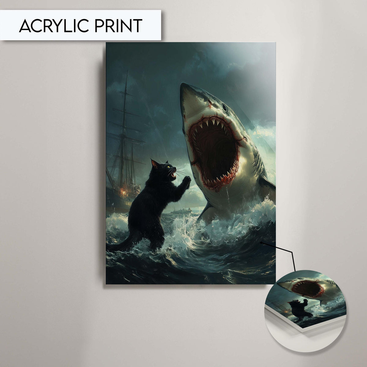 Epic Cat vs Shark Art Print, Dramatic Ocean Battle Wall Art, Unique Animal Fantasy Decor for Home, Animal Fantasy Art, Art Meme Print