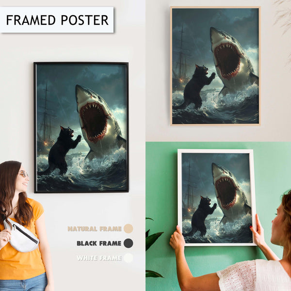 Epic Cat vs Shark Art Print, Dramatic Ocean Battle Wall Art, Unique Animal Fantasy Decor for Home, Animal Fantasy Art, Art Meme Print