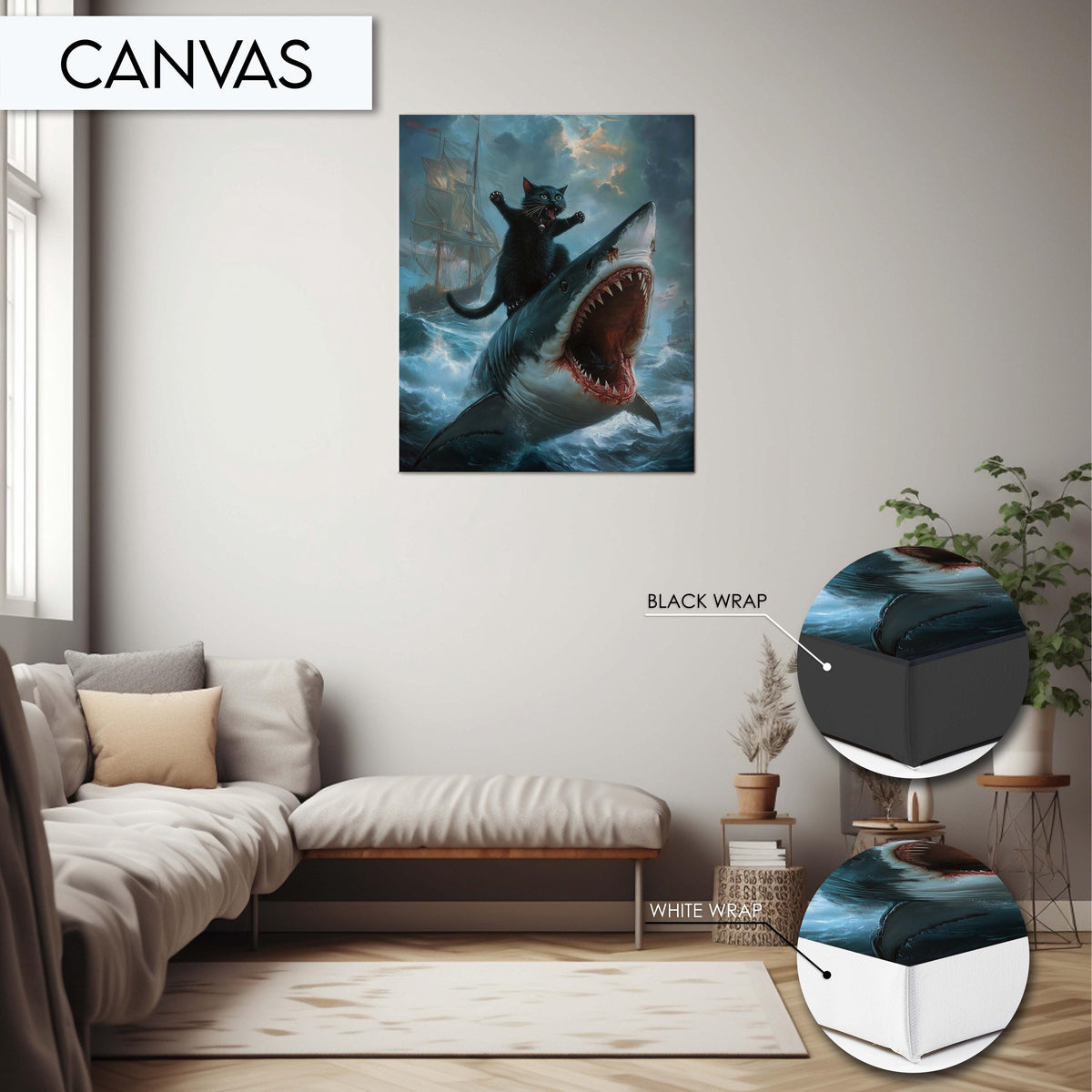 Epic Black Cat and Shark Battle Art Print, Funny Animal Wall Art, Quirky Cat and Shark Ocean Adventure, Bathroom Wall Art, Cat Riding Shark