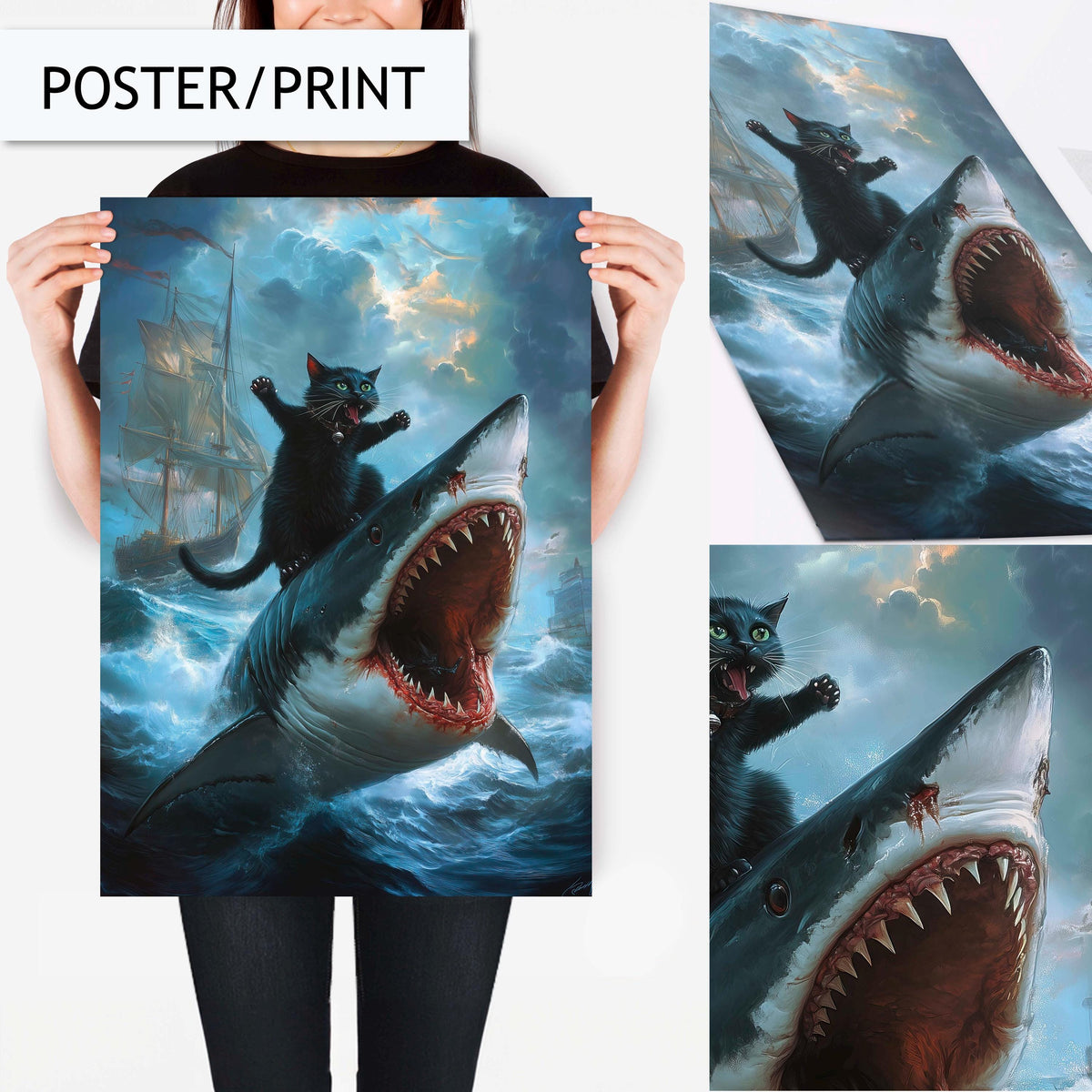 Epic Black Cat and Shark Battle Art Print, Funny Animal Wall Art, Quirky Cat and Shark Ocean Adventure, Bathroom Wall Art, Cat Riding Shark