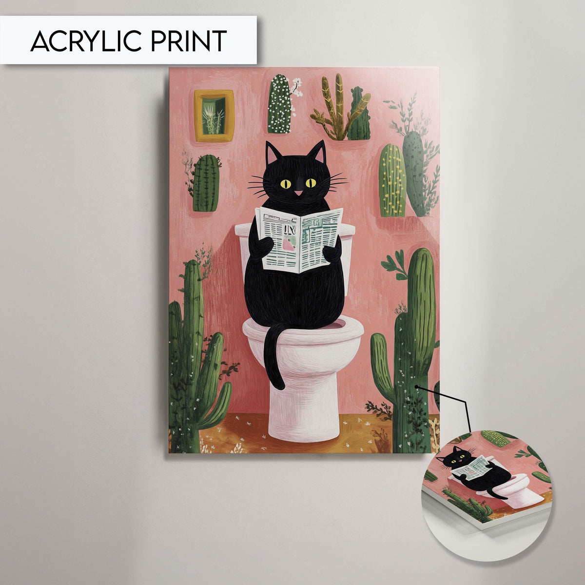 Funny Black Cat Bathroom Art Print Decor, Animal Wall Art Decor for Toilet, Cactus Cat Wall Art, Cat Print for Bathroom, Funny Pet Wall Art