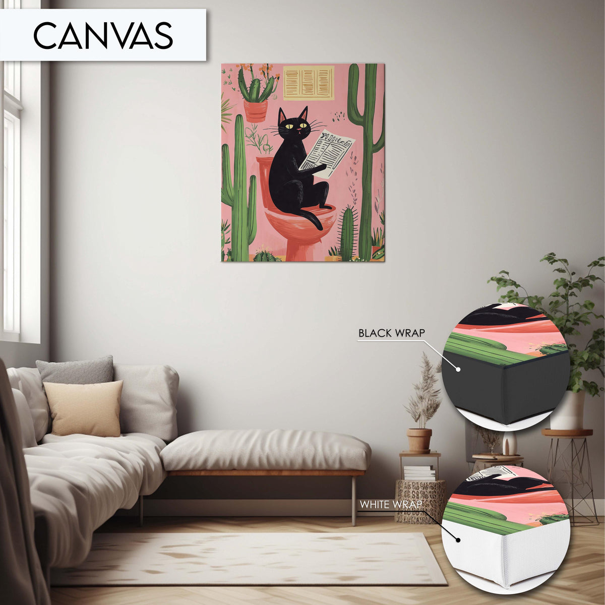 Funny Black Cat Bathroom Wall Art, Animal Wall Decor, Cactus Cat Print for Toilet, Cute Pet Art for Bathroom, Cat Reading Newspaper Art