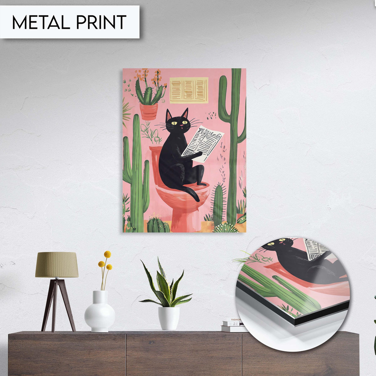 Funny Black Cat Bathroom Wall Art, Animal Wall Decor, Cactus Cat Print for Toilet, Cute Pet Art for Bathroom, Cat Reading Newspaper Art