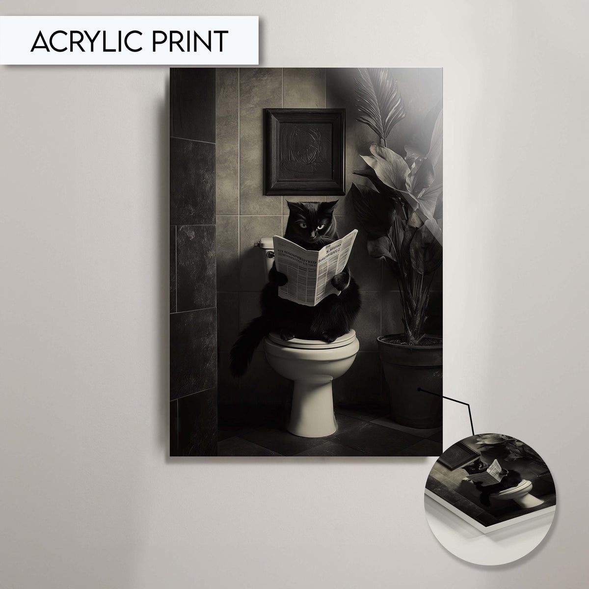 Funny Black Cat Bathroom Art, Gothic Cat Reading Print for Wall Decor, Quirky Animal Bathroom Decor, Black and White Toilet Art