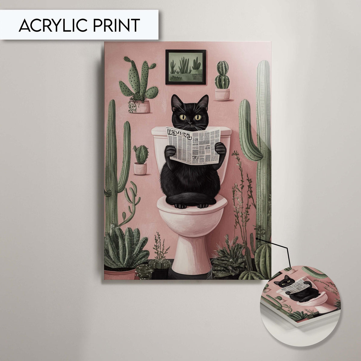 Funny Black Cat Bathroom Art Print, Animal Wall Decor for Bathroom, Cactus Cat Toilet Wall Art, Toilet Decor for Pet Lovers, Black Cat Print