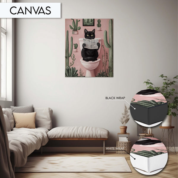 Funny Black Cat Bathroom Art Print, Animal Wall Decor for Bathroom, Cactus Cat Toilet Wall Art, Toilet Decor for Pet Lovers, Black Cat Print