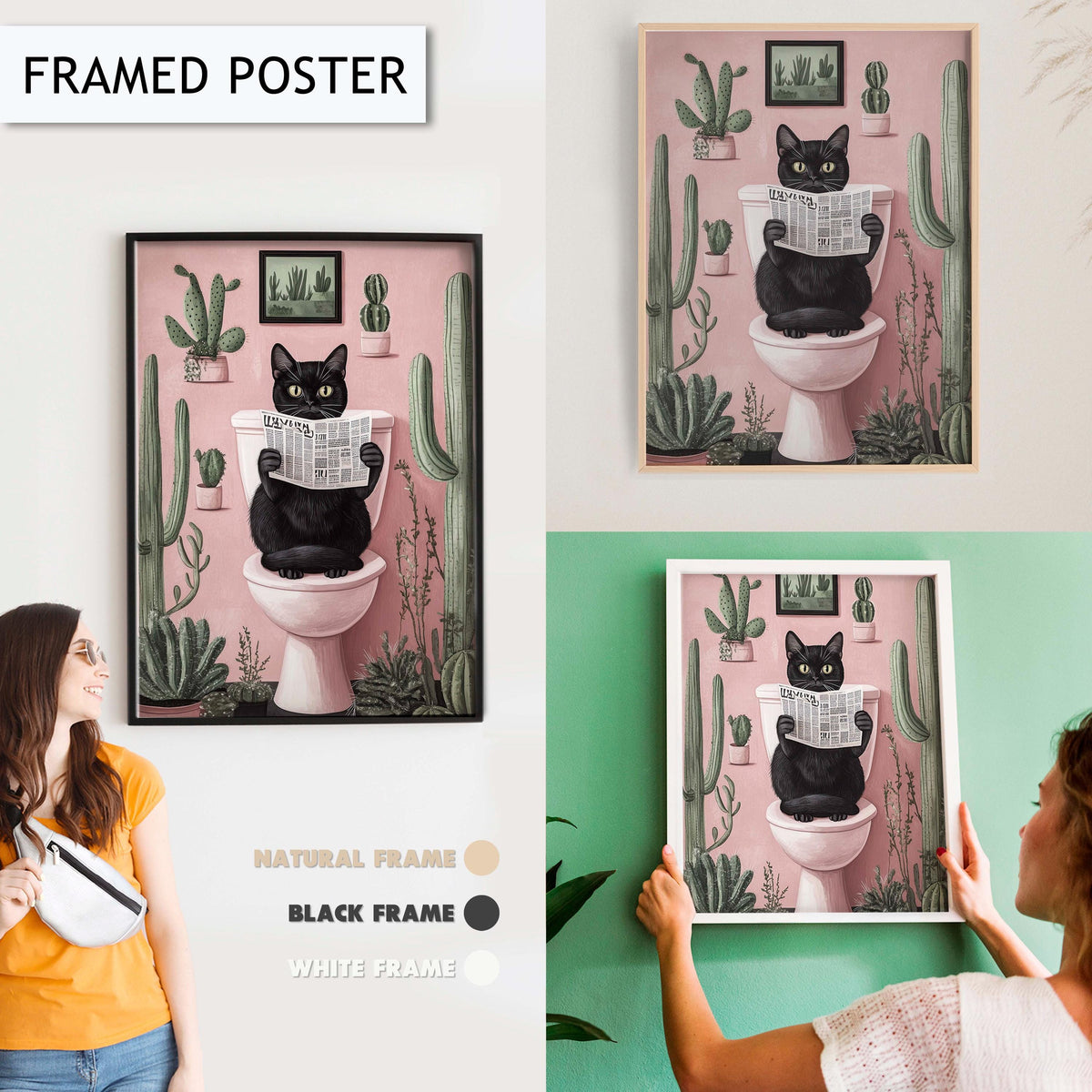 Funny Black Cat Bathroom Art Print, Animal Wall Decor for Bathroom, Cactus Cat Toilet Wall Art, Toilet Decor for Pet Lovers, Black Cat Print