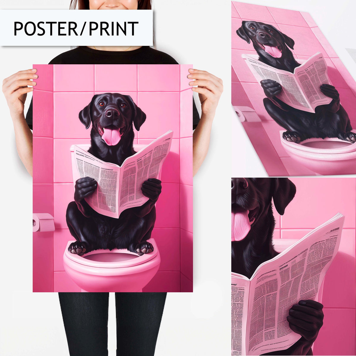 Funny Labrador Bathroom Art, Black Dog Wall Art Decor, Humorous Dog Reading Newspaper Bathroom Print, Dog Wall Art for Bathroom