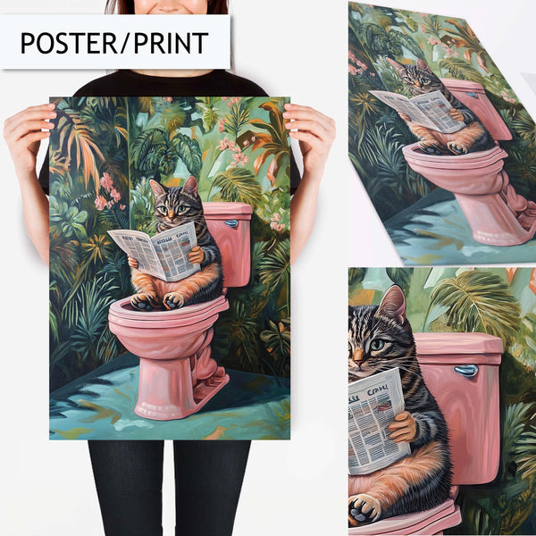 Funny Cat Bathroom Art, Quirky Toilet Wall Decor, Cat Reading Newspaper Print, Animal Wall Art for Bathroom, Humorous Cat Wall Art Decor