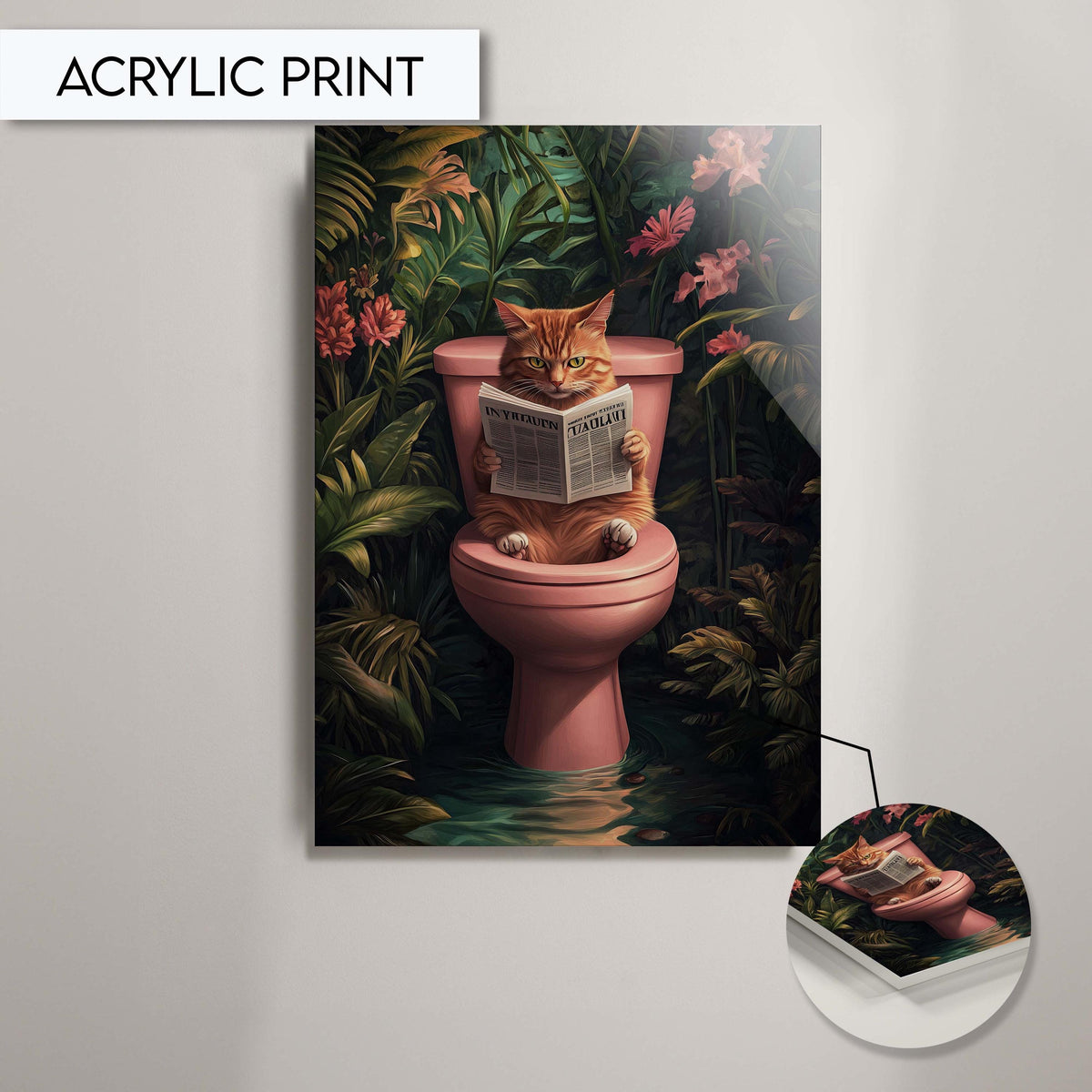 Funny Cat Bathroom Art Print, Animal Wall Decor for Bathroom, Cat Reading Newspaper Print for Toilet Wall Art, Toilet Wall Art Print Decor