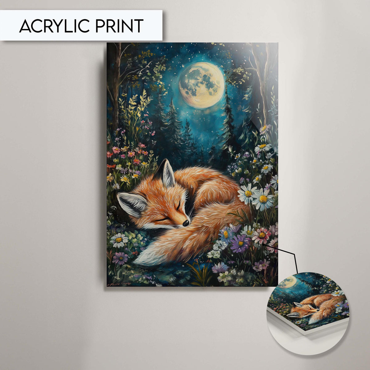 Fox Wall Art, Sleeping Fox Art Print, Nature Moonlit Animal Decor, Woodland Fox Wall Art, Fox in Forest Painting, Fox Wall Art for Bedroom