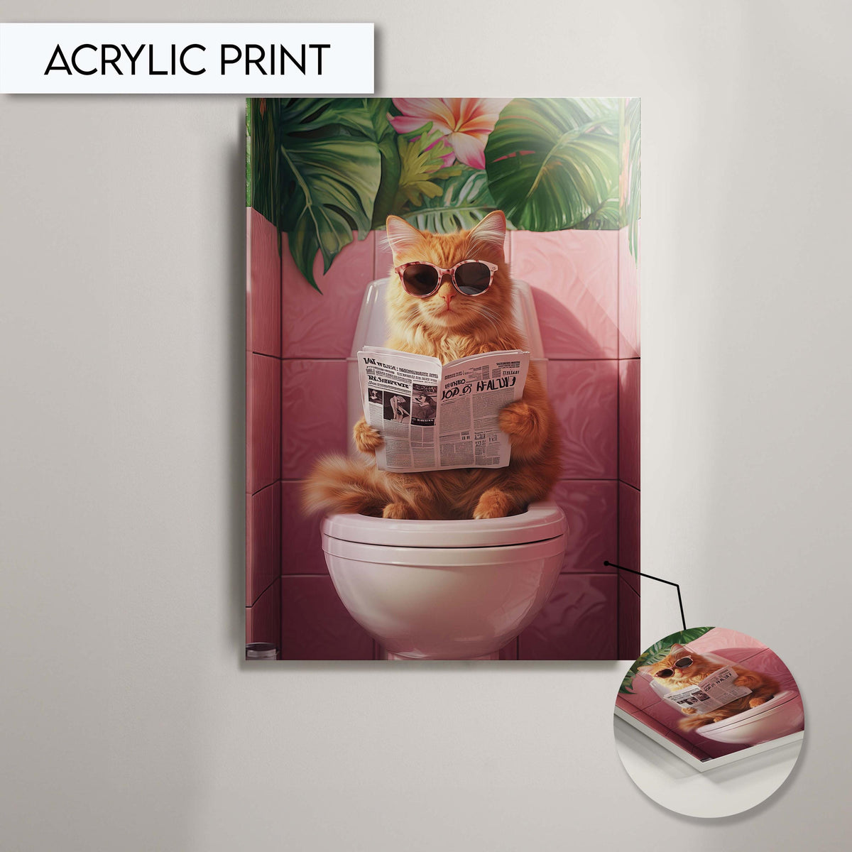 Funny Cat Toilet Wall Art, Quirky Bathroom Decor, Cat with Sunglasses Print, Tropical Bathroom Art, Unique Animal Wall Art, Toilet wall art