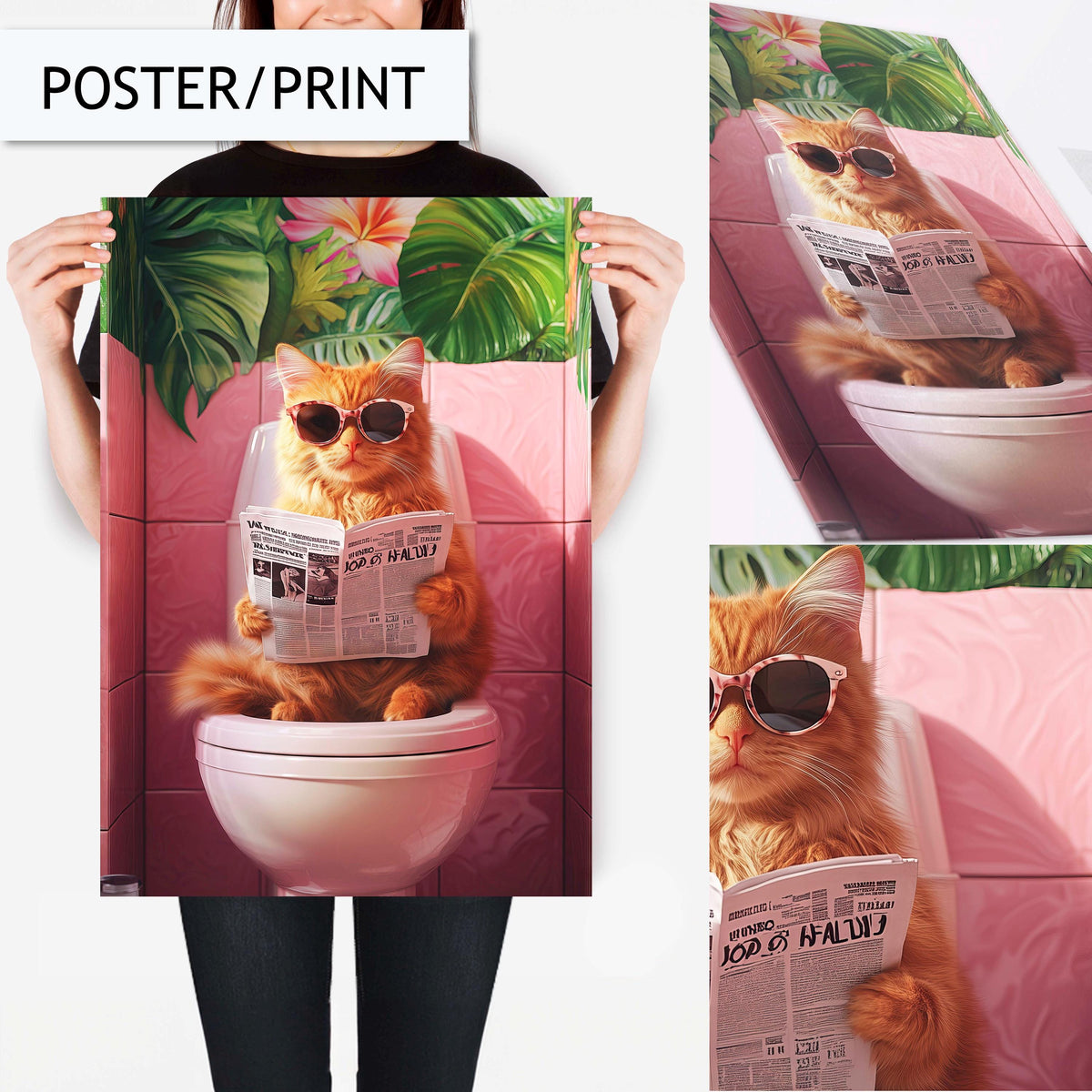 Funny Cat Toilet Wall Art, Quirky Bathroom Decor, Cat with Sunglasses Print, Tropical Bathroom Art, Unique Animal Wall Art, Toilet wall art