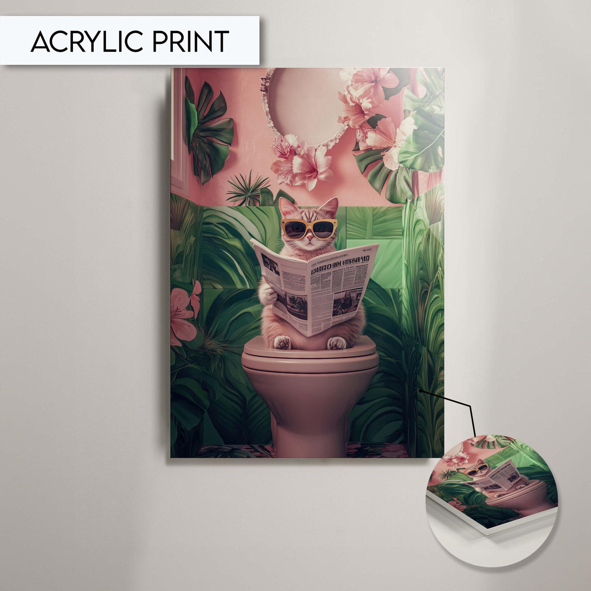 Funny Cat Bathroom Wall Art Tropical Cat Print, Cat Toilet Art for Bathroom Decor, Animal Wall Art for Toilet, Tropical Bathroom Wall Art