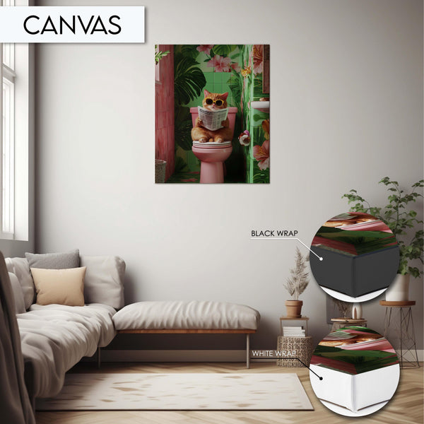 Funny Bathroom Cat Art Print Wall Art Decor, Tropical Cat Wall Decor for Bathroom, Cat Reading on Toilet Wall Art for Bathroom Decor