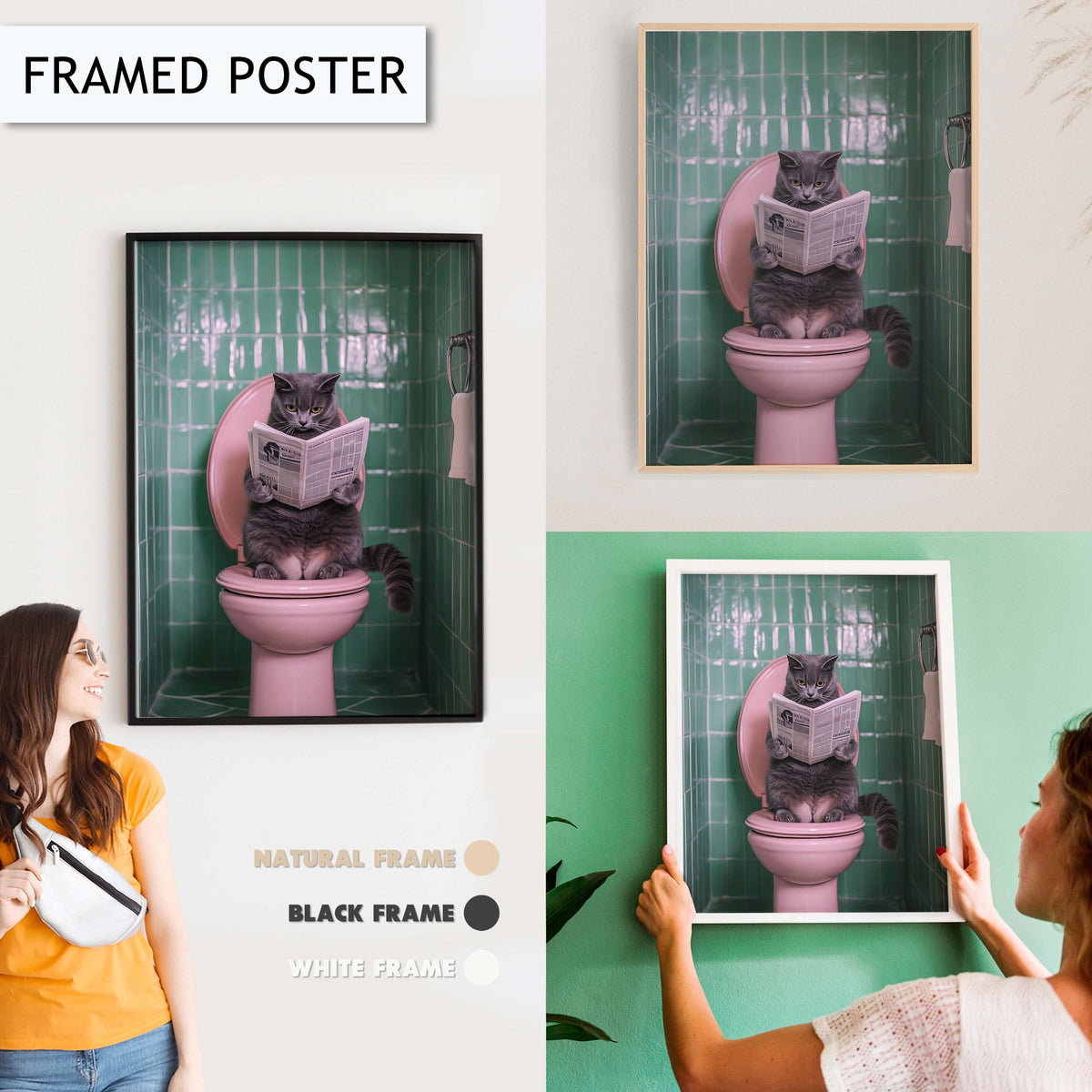 Funny Cat Toilet Art, Quirky Bathroom Wall Art, Cat Reading Newspaper Print, Unique Bathroom Decor, Fun Animal Wall Art, Funny Bathroom Sign