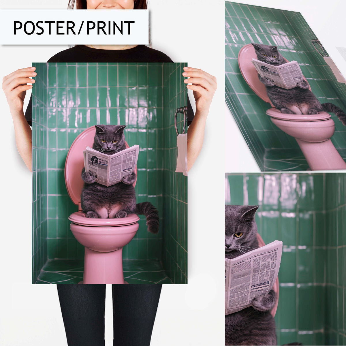 Funny Cat Toilet Art, Quirky Bathroom Wall Art, Cat Reading Newspaper Print, Unique Bathroom Decor, Fun Animal Wall Art, Funny Bathroom Sign