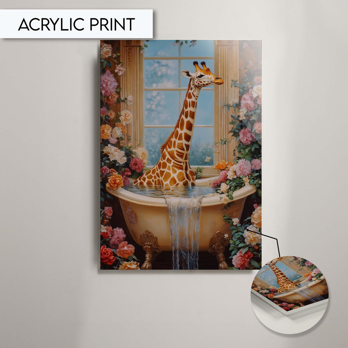 Giraffe Bathroom Art Print, Funny Animal Bathroom Wall Decor, Quirky Giraffe in Bathtub Wall Art for Bathroom Wall Decor. Toilet wall Art