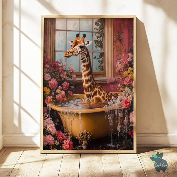 Funny Giraffe Bathroom Artwork Print, Wall Art Decor for Toilet, Giraffe in Bathtub Art, Animal Wall Art for Bathroom, Floral Bathroom Decor