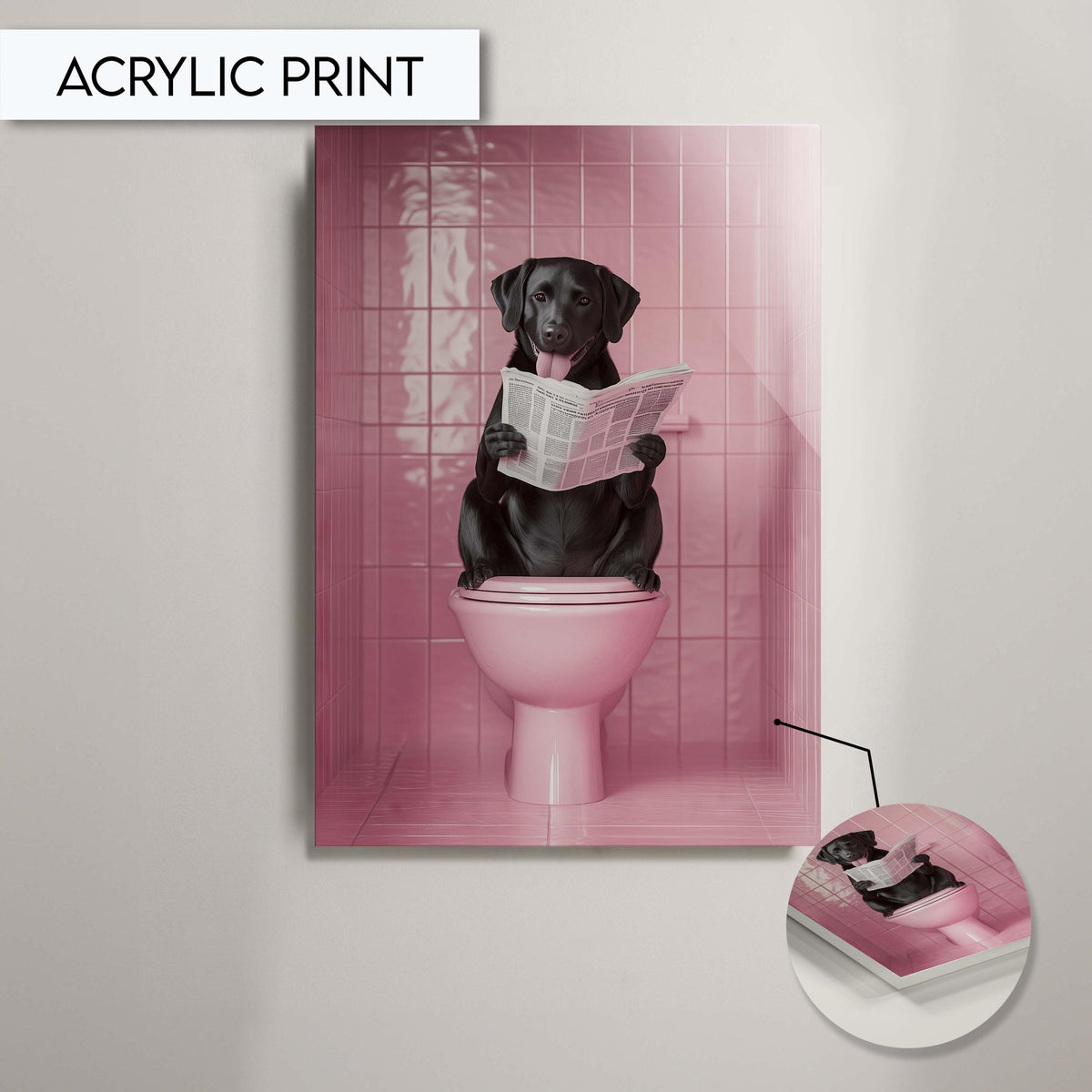 Funny Dog Toilet Art, Quirky Bathroom Wall Art, Dog Reading Newspaper Print, Pink Bathroom Decor, Unique Animal Wall Art, Toilet Art Print