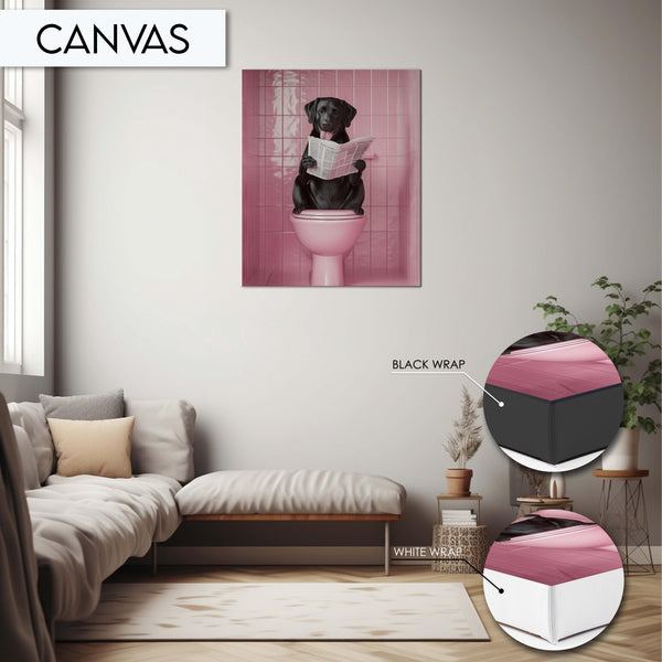 Funny Dog Toilet Art, Quirky Bathroom Wall Art, Dog Reading Newspaper Print, Pink Bathroom Decor, Unique Animal Wall Art, Toilet Art Print