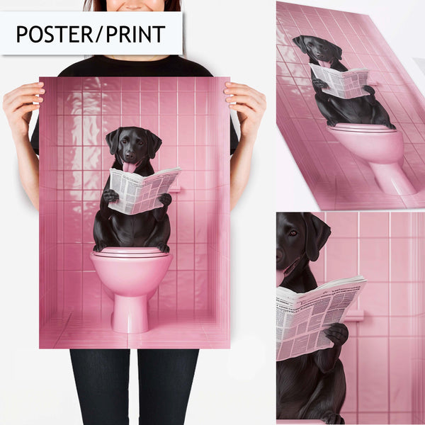 Funny Dog Toilet Art, Quirky Bathroom Wall Art, Dog Reading Newspaper Print, Pink Bathroom Decor, Unique Animal Wall Art, Toilet Art Print