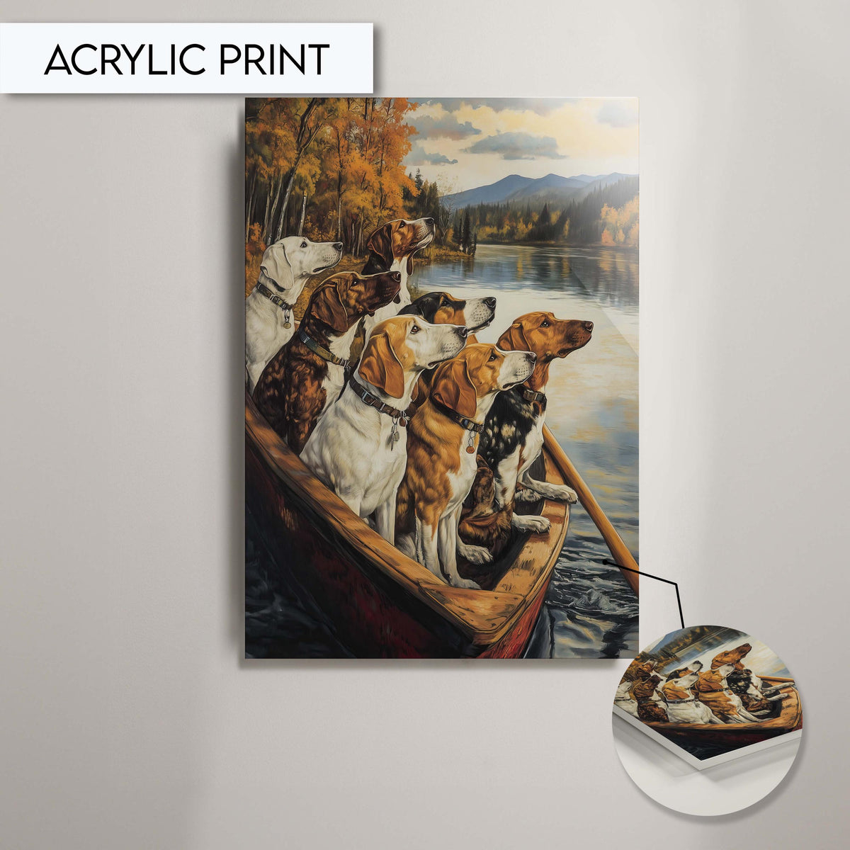 Dogs in Boat Wall Art, Autumn Dog Portrait Print, Rustic Animal Decor, Nature Dog Painting, Fall-Themed Animal Wall Art, Printed Dog Art