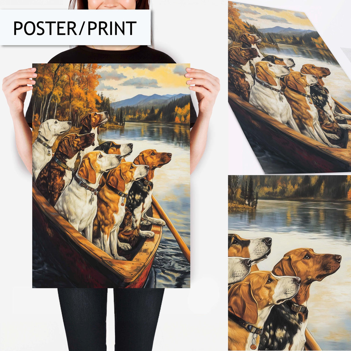 Dogs in Boat Wall Art, Autumn Dog Portrait Print, Rustic Animal Decor, Nature Dog Painting, Fall-Themed Animal Wall Art, Printed Dog Art