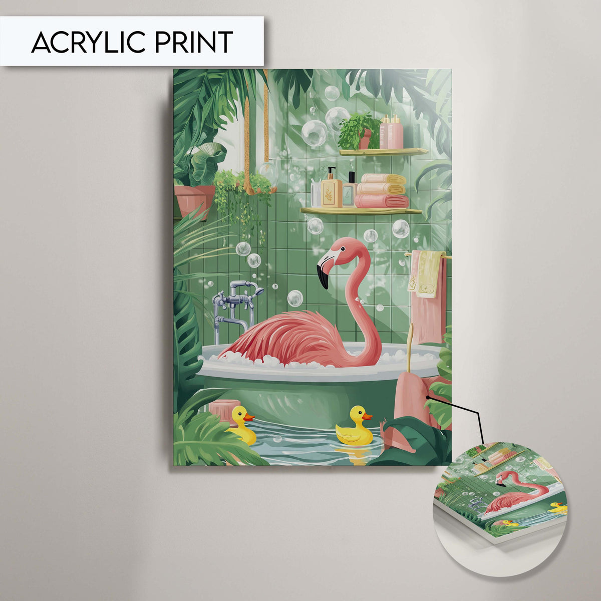 Flamingo Bathroom Art Print, Flamingo Wall Art Decor, Funny Animal Print for Toilet, Tropical Flamingo Bathtub Art, Bathroom Wall Art Decor