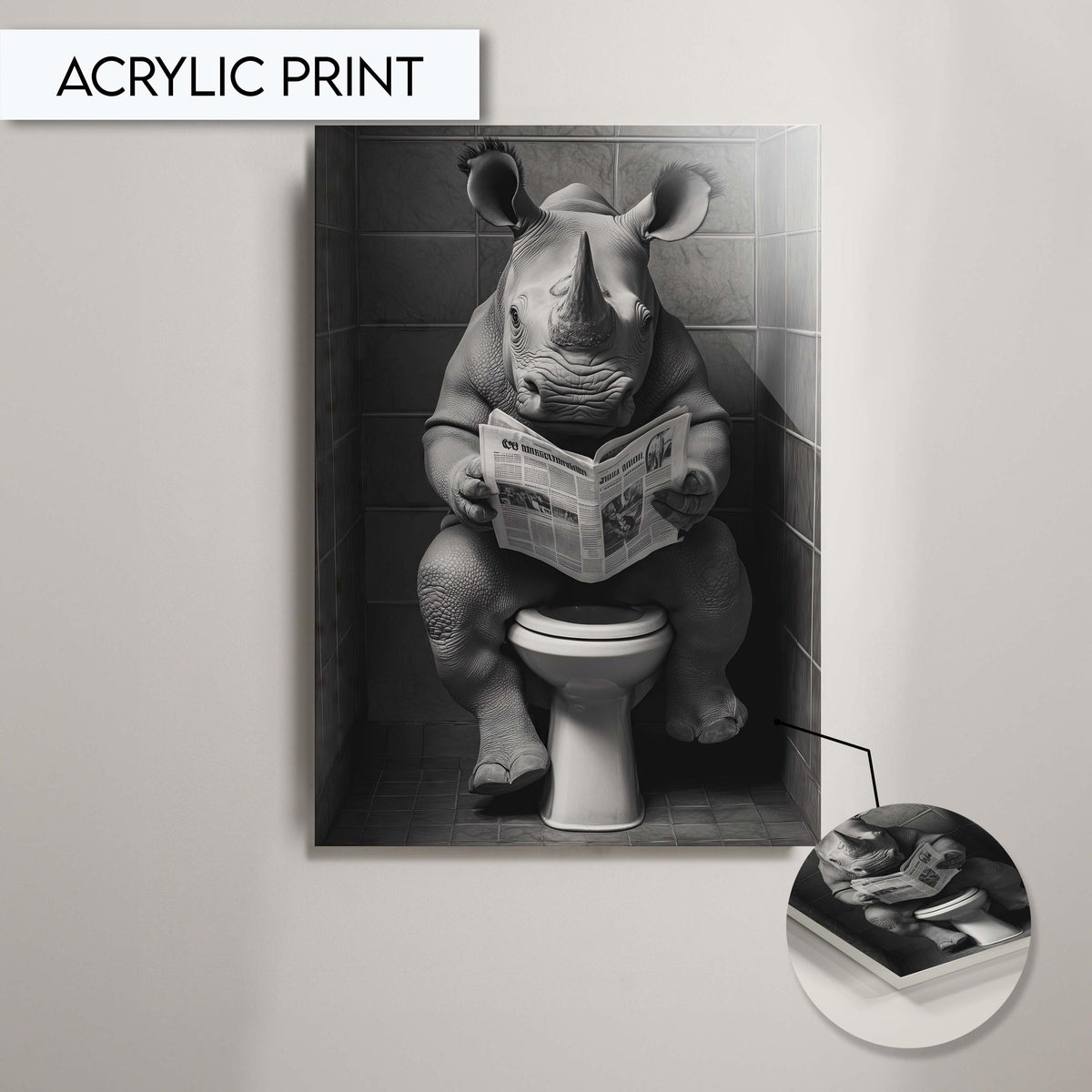 Funny Rhino Toilet Art Print, Bathroom Wall Art Decor, Rhino Reading Newspaper Bathroom Art, Animal Wall Decor for Bathroom