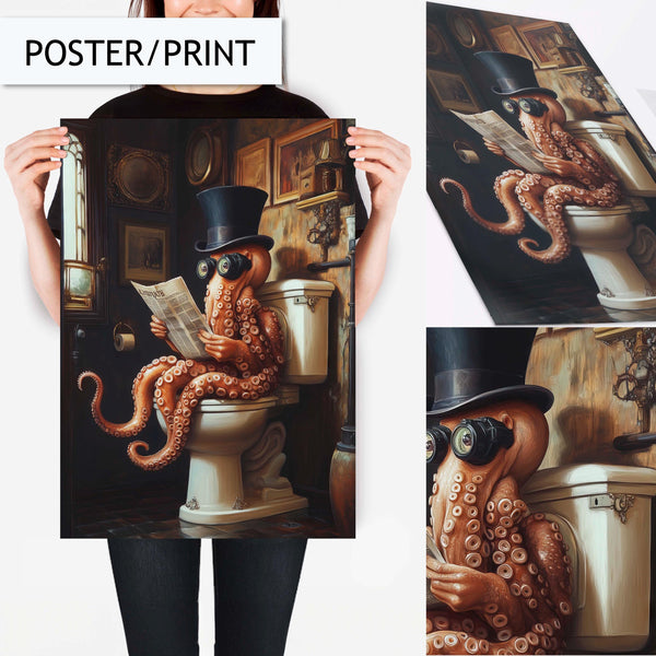 Funny Bathroom Octopus Art Print, Quirky Animal Wall Art Decor for Bathroom, Octopus Reading on Toilet, Funny Bathroom Artwork Print Decor