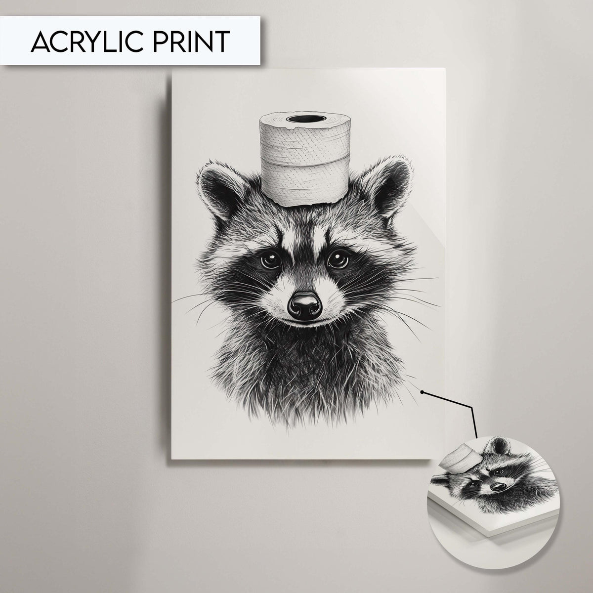 Funny Raccoon Bathroom Art Print, Quirky Animal Wall Art Decor for Bathroom, Toilet Paper Hat Raccoon Art, Cute Bathroom Wall Decor