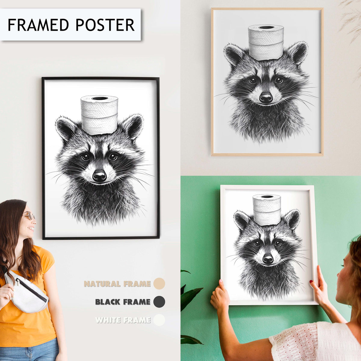 Funny Raccoon Bathroom Art Print, Quirky Animal Wall Art Decor for Bathroom, Toilet Paper Hat Raccoon Art, Cute Bathroom Wall Decor