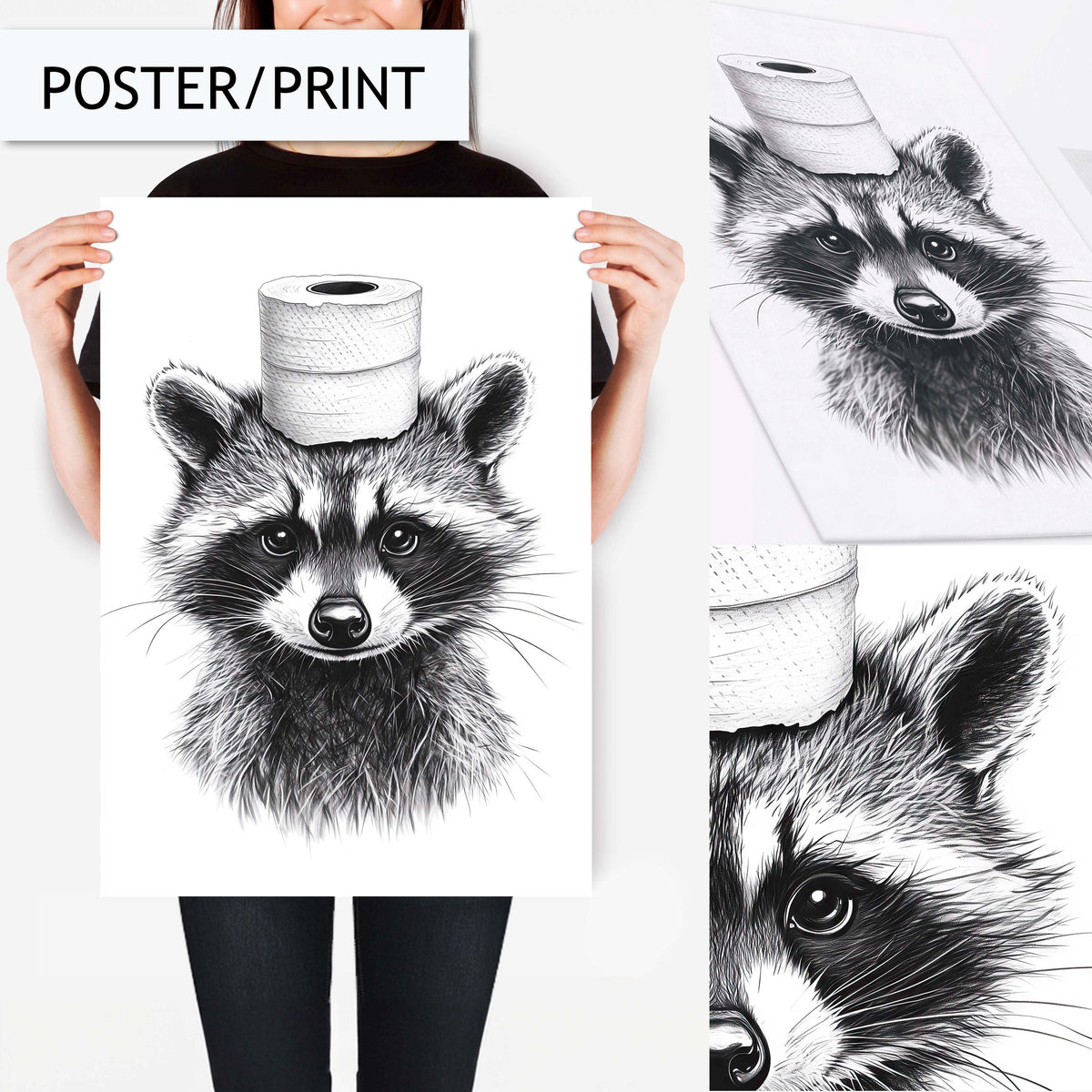 Funny Raccoon Bathroom Art Print, Quirky Animal Wall Art Decor for Bathroom, Toilet Paper Hat Raccoon Art, Cute Bathroom Wall Decor