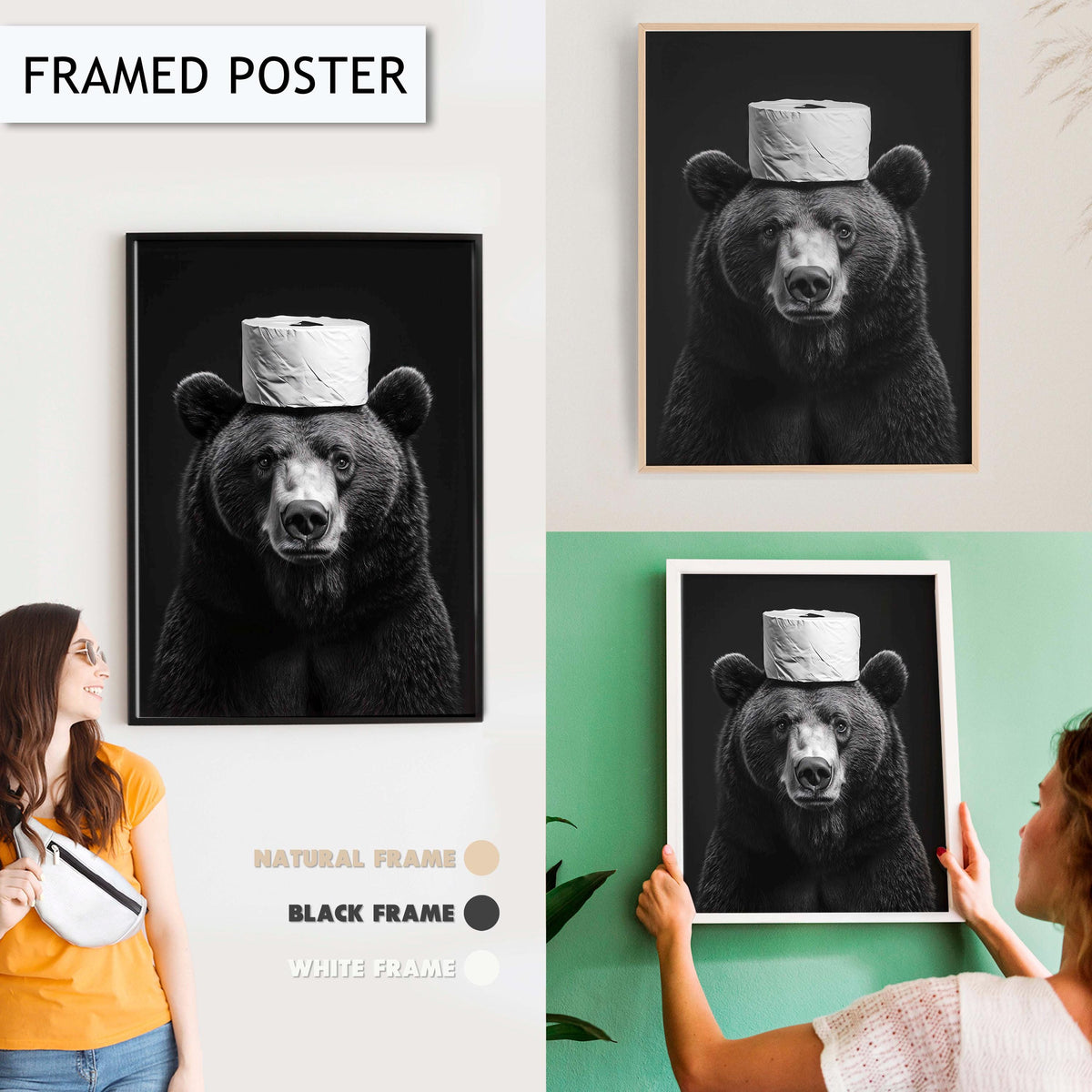 Funny Bear Bathroom Wall Art, Quirky Toilet Paper Hat Print, Animal Toilet Paper Decor, Black and White Bear Art, Fun Bathroom Decor