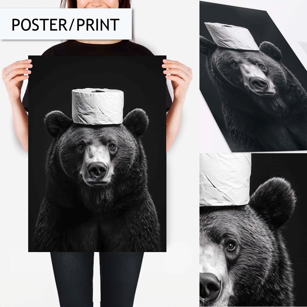 Funny Bear Bathroom Wall Art, Quirky Toilet Paper Hat Print, Animal Toilet Paper Decor, Black and White Bear Art, Fun Bathroom Decor