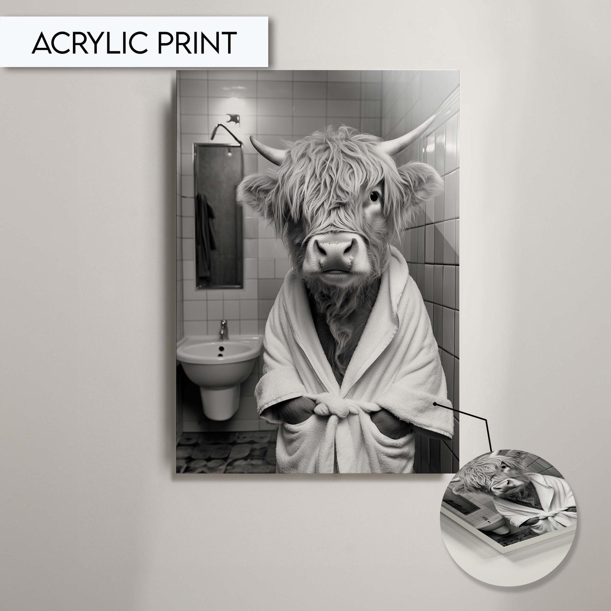 Highland Cow Bathroom Art, Funny Animal Bathroom Wall Decor, Highland Cow Wrapped in Towel Print, Black and White Bathroom Wall Art