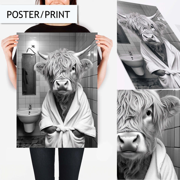 Highland Cow Bathroom Art, Funny Animal Bathroom Wall Decor, Highland Cow Wrapped in Towel Print, Black and White Bathroom Wall Art