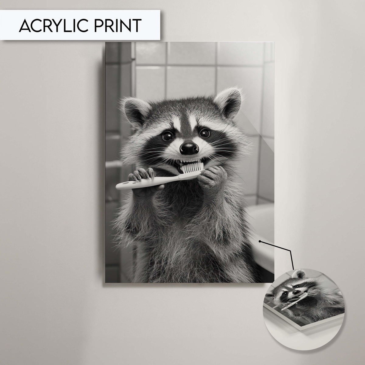 Funny Raccoon Brushing Teeth Bathroom Art, Animal Wall Decor for Bathroom, Quirky Raccoon Wall Art, Black and White Raccoon Print Art Decor