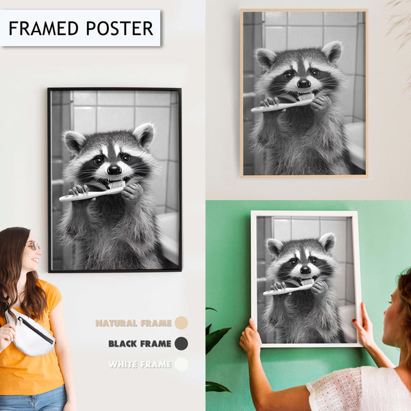 Funny Raccoon Brushing Teeth Bathroom Art, Animal Wall Decor for Bathroom, Quirky Raccoon Wall Art, Black and White Raccoon Print Art Decor