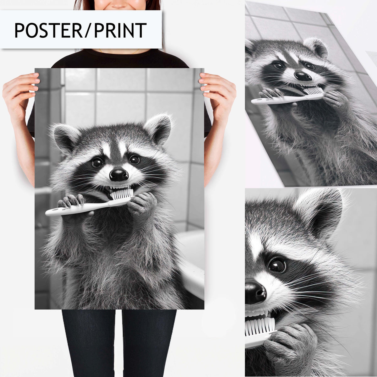 Funny Raccoon Brushing Teeth Bathroom Art, Animal Wall Decor for Bathroom, Quirky Raccoon Wall Art, Black and White Raccoon Print Art Decor