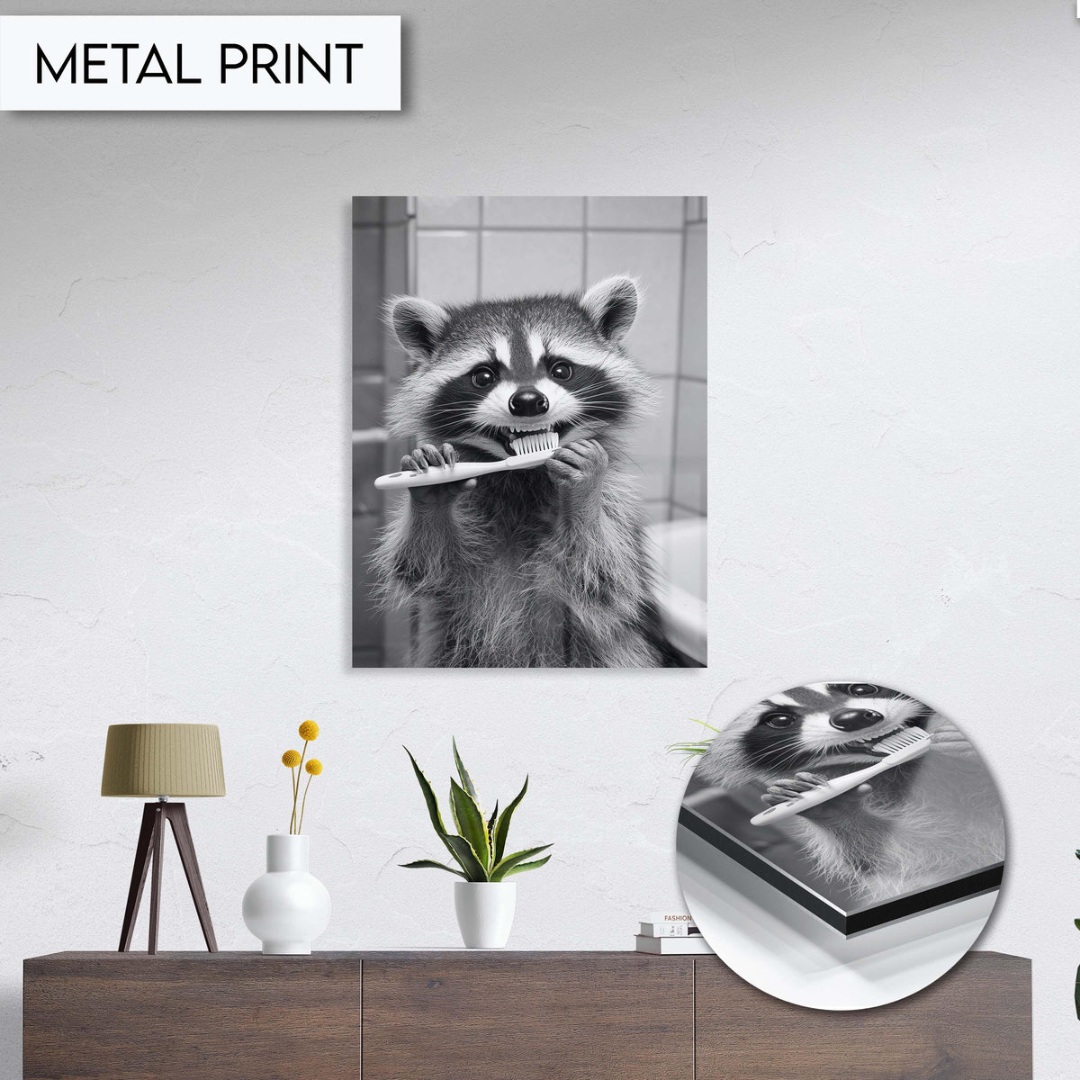 Funny Raccoon Brushing Teeth Bathroom Art, Animal Wall Decor for Bathroom, Quirky Raccoon Wall Art, Black and White Raccoon Print Art Decor